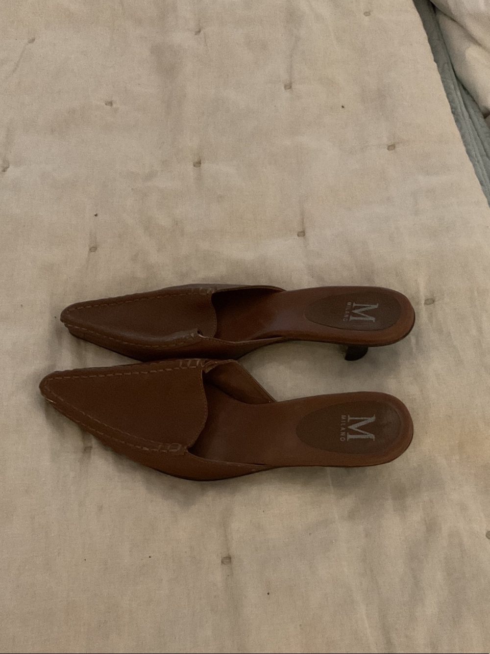 Milano Tan Pointed Leather Mule Heels